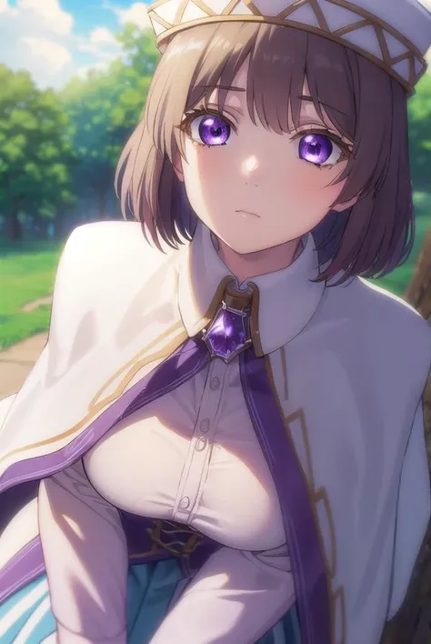 aliciaedelsia, <lora:alicia edelsia s1-lora-nochekaiser:1>,
alicia edelsia, short hair, brown hair, (purple eyes:1.1),
BREAK skirt, long sleeves, hat, capelet, detached sleeves, corset,
BREAK outdoors, nature, forest, sky, sun, clouds,
BREAK looking at viewer, (cowboy shot:1.5),
BREAK <lyco:GoodHands-beta2:1>, (masterpiece:1.2), best quality, high resolution, unity 8k wallpaper, (illustration:0.8), (beautiful detailed eyes:1.6), extremely detailed face, perfect lighting, extremely detailed CG, (perfect hands, perfect anatomy),