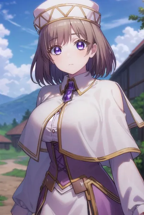 aliciaedelsia, <lora:alicia edelsia s1-lora-nochekaiser:1>,
alicia edelsia, short hair, brown hair, (purple eyes:1.1),
BREAK skirt, long sleeves, hat, capelet, detached sleeves, corset,
BREAK outdoors, nature, forest, sky, sun, clouds,
BREAK looking at viewer, (cowboy shot:1.5),
BREAK <lyco:GoodHands-beta2:1>, (masterpiece:1.2), best quality, high resolution, unity 8k wallpaper, (illustration:0.8), (beautiful detailed eyes:1.6), extremely detailed face, perfect lighting, extremely detailed CG, (perfect hands, perfect anatomy),