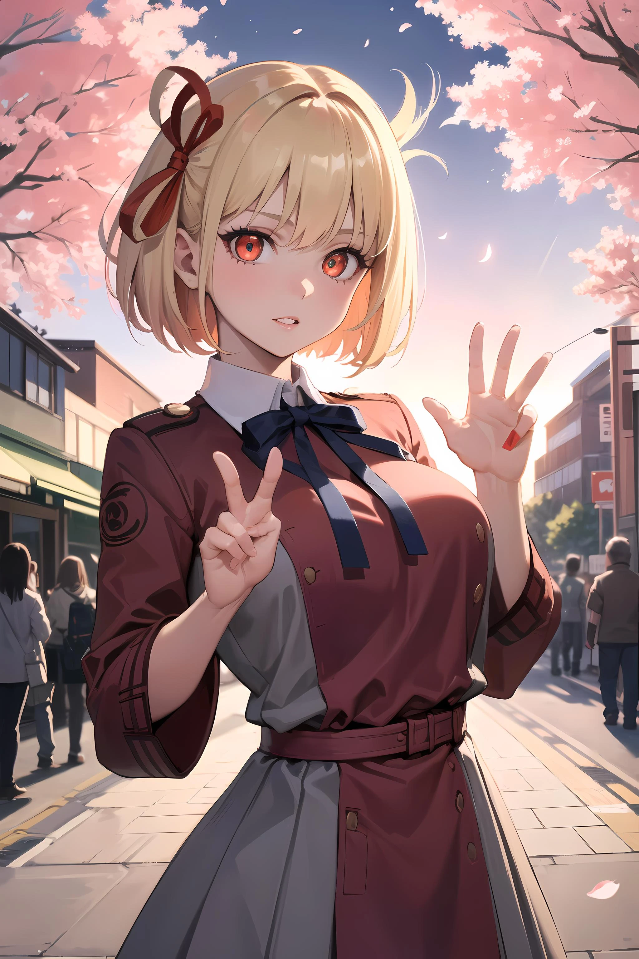 masterpiece, best quality, ultra-detailed, glistening shiny, glowing light, ray tracing, HDR, deph of field, (perfect face, detailed face, detailed eyes,perfect hands,perfect fingers),(medium boobs:1.2),8k,HD,ultra realistic face,ray tracing,perfect lighting,best quality, ultra-detailed, shiny eyes, (looking at viewer), ((1girl)), (mature female:1.4),cowboy shot,thicc,pov,
chisato,((gradient hair)),multicolored eyes, gradient eyes, (glowing eyes:1.5), mascara, (fashion make up), parted lips, short hair, lycoris uniform,ribbon, hair ribbon, red ribbon, bob cut, shirt, red dress, two-tone dress, neck ribbon, blue ribbon, grey dress,
(( futuristic city , buildings, Japanese graffiti walls:1.1, neons, night,cherry trees, flying cherry blossom petals,moon,japanese architecture, japanese lamps)),(complex background, many elements in the background:1.2),((super detailed background)), mistress poses, ((8k wallpaper)), <lora:chisato:1>