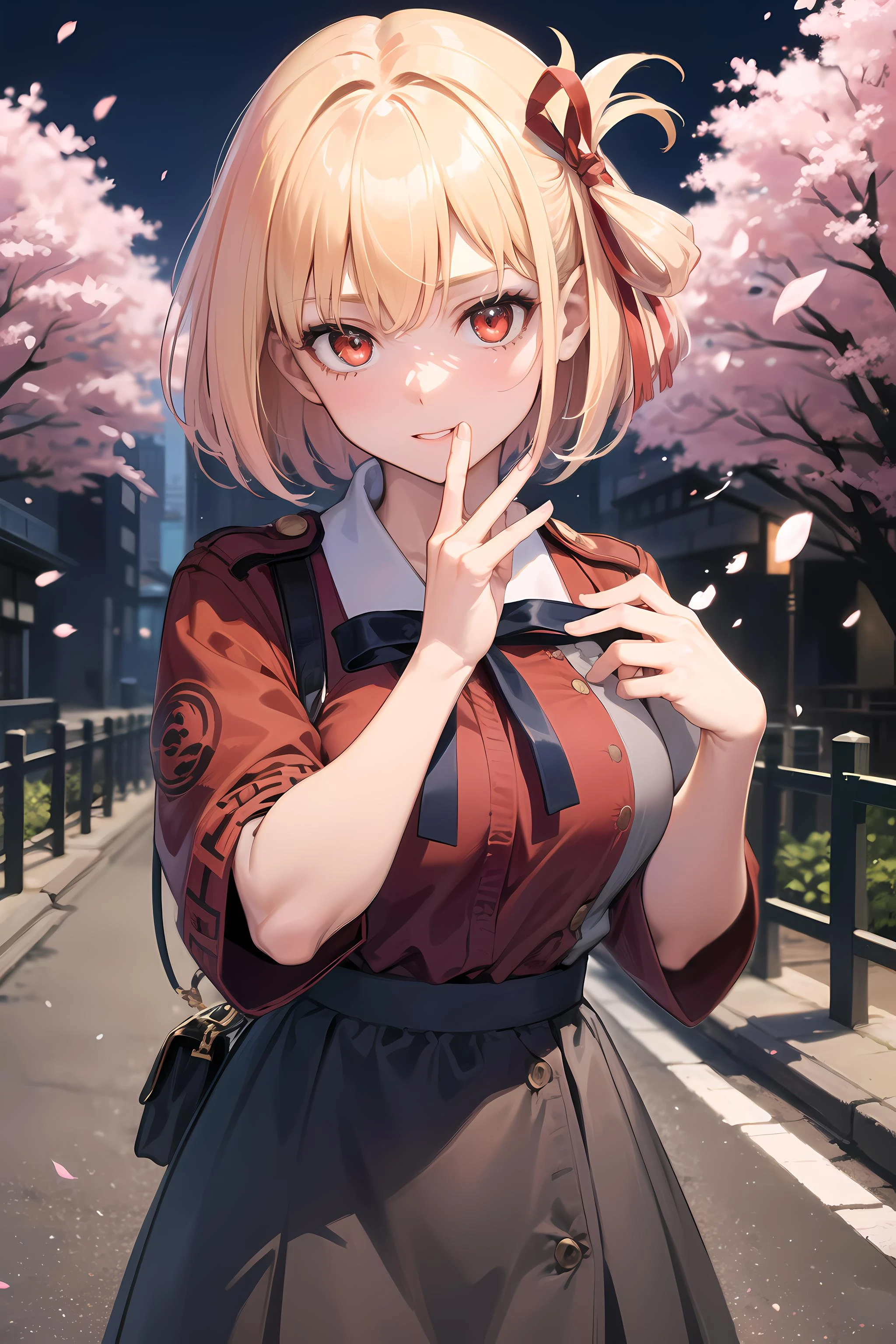 masterpiece, best quality, ultra-detailed, glistening shiny, glowing light, ray tracing, HDR, deph of field, (perfect face, detailed face, detailed eyes,perfect hands,perfect fingers),(medium boobs:1.2),8k,HD,ultra realistic face,ray tracing,perfect lighting,best quality, ultra-detailed, shiny eyes, (looking at viewer), ((1girl)), (mature female:1.4),cowboy shot,thicc,pov,
chisato,((gradient hair)),multicolored eyes, gradient eyes, (glowing eyes:1.5), mascara, (fashion make up), parted lips, short hair, lycoris uniform,ribbon, hair ribbon, red ribbon, bob cut, shirt, red dress, two-tone dress, neck ribbon, blue ribbon, grey dress,
(( futuristic city , buildings, Japanese graffiti walls:1.1, neons, night,cherry trees, flying cherry blossom petals,moon,japanese architecture, japanese lamps)),(complex background, many elements in the background:1.2),((super detailed background)), mistress poses, ((8k wallpaper)), <lora:chisato:1>