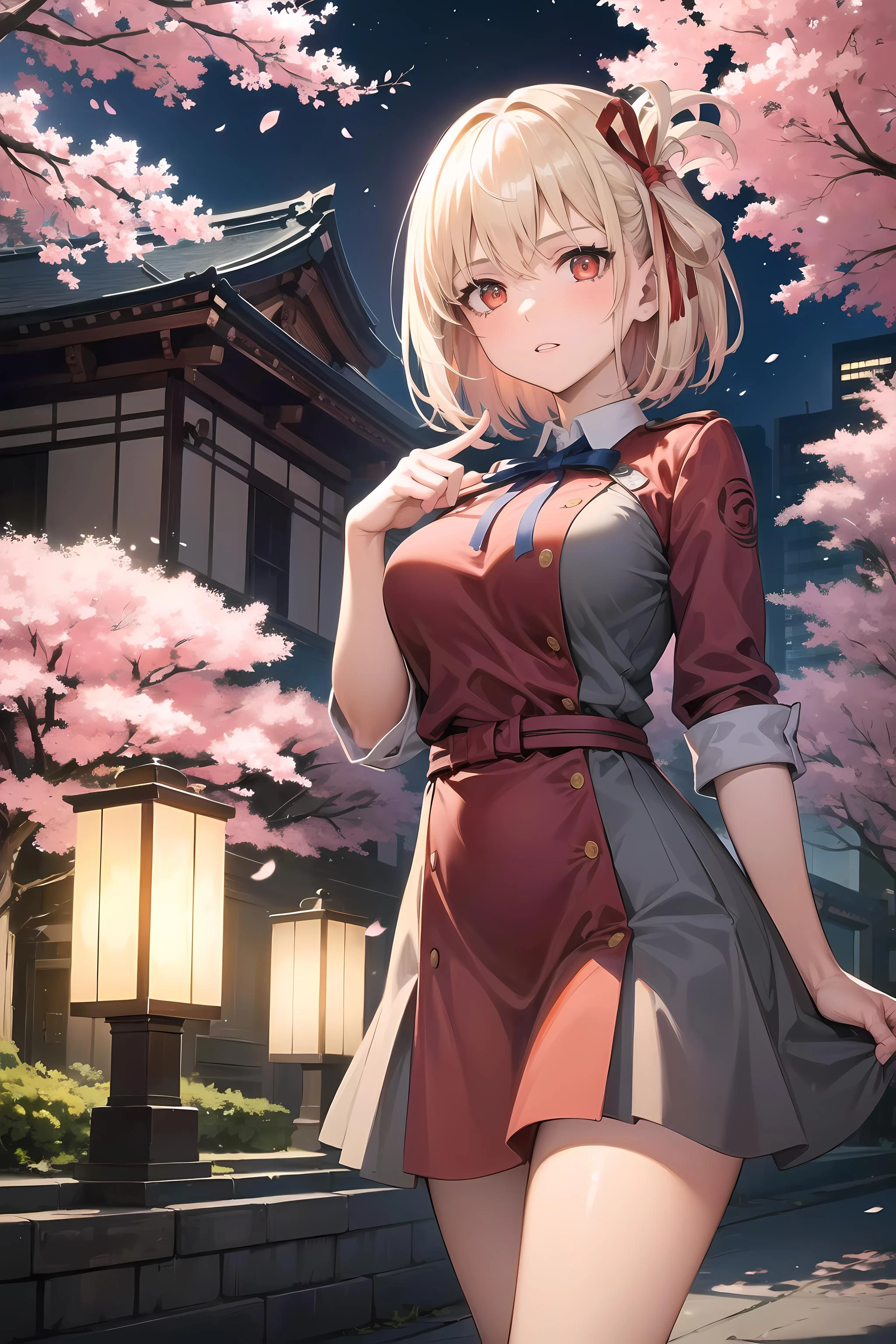 masterpiece, best quality, ultra-detailed, glistening shiny, glowing light, ray tracing, HDR, deph of field, (perfect face, detailed face, detailed eyes,perfect hands,perfect fingers),(medium boobs:1.2),8k,HD,ultra realistic face,ray tracing,perfect lighting,best quality, ultra-detailed, shiny eyes, (looking at viewer), ((1girl)), (mature female:1.4),cowboy shot,thicc,pov,
chisato,((gradient hair)),multicolored eyes, gradient eyes, (glowing eyes:1.5), mascara, (fashion make up), parted lips, short hair, lycoris uniform,ribbon, hair ribbon, red ribbon, bob cut, shirt, red dress, two-tone dress, neck ribbon, blue ribbon, grey dress,
(( futuristic city , buildings, Japanese graffiti walls:1.1, neons, night,cherry trees, flying cherry blossom petals,moon,japanese architecture, japanese lamps)),(complex background, many elements in the background:1.2),((super detailed background)), mistress poses, ((8k wallpaper)), <lora:chisato:1>