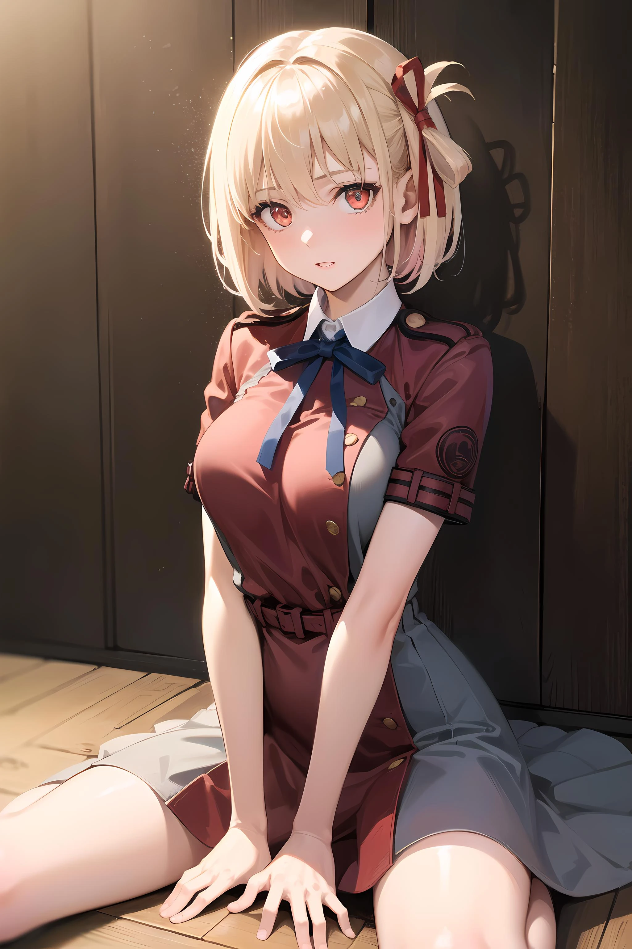 masterpiece, best quality, ultra-detailed, glistening shiny, glowing light, ray tracing, HDR, deph of field, (perfect face, detailed face, detailed eyes,perfect hands,perfect fingers),(medium boobs:1.2),8k,HD,ultra realistic face,ray tracing,perfect lighting,best quality, ultra-detailed, shiny eyes, (looking at viewer), ((1girl)), (mature female:1.4),cowboy shot,thicc,pov,
chisato,((gradient hair)),multicolored eyes, gradient eyes, (glowing eyes:1.5), mascara, (fashion make up), parted lips, short hair, lycoris uniform,ribbon, hair ribbon, red ribbon, bob cut, shirt, red dress, two-tone dress, neck ribbon, blue ribbon, grey dress,((hugging_own_legs,sitting)),
(( floor, wooden wall, coffee sign)),(complex background, many elements in the background:1.2),((super detailed background)), mistress poses, ((8k wallpaper)), <lora:chisato:1>