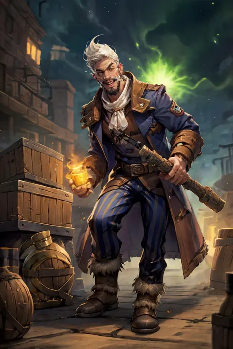 HEZI,Hearthstone,1boy,male focus,facial hair,solo,beard,striped pants,open mouth,pants,white hair,holding,potion,scarf,open clothes,old man,bottle,belt,striped,standing,blue pants,old,teeth,mustache,bag,coat,smile,outdoors,megaphone,from below,crate,blurry background,open jacket,open coat,blurry,barrel,pouch,long sleeves,jacket,sky,vertical stripes,holding bottle,brown coat,full body,night,<lora:çç³ä¼ 说-000006:0.7>,