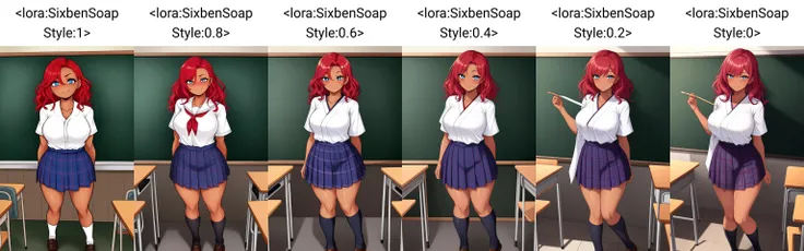 SixbenSoap \(Artist\), 1 woman, dark skin, dark skinned female,mature woman, red wavy hair, detailed face+blue eyes, pupils, flowing red hair, bangs, shinny skin, reflective skin, wide hips, Japanese school uniform, blue plaid skirt, solo, looking at viewer, blush, smile, closed mouth, collarbone, full body, indoors, standing in a classroom, chalkboard,<lora:SixbenSoap Style:1>