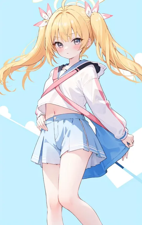 <lora:Yoshimi_Blui_Archive_LoraV1:*****shimi (blue archive), 1girl, twintails, blonde hair, blush, ribbon, halo, solo, hair ribbon, ahoge, long hair, bangs, crop top, bare legs