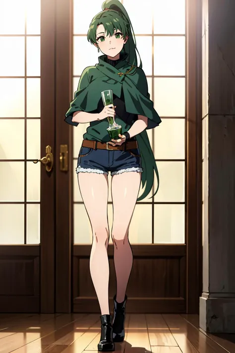 masterpiece, best quality, 1girl, solo, looking at viewer, <lora:EPfeLyn-06:0.7>, EPfeLyn, green hair, green eyes,  long hair, ponytail, high ponytail
BREAK
full body, cold, ice, indoors, holding object, 0.7::capelet, denim shorts0.3::, :\3