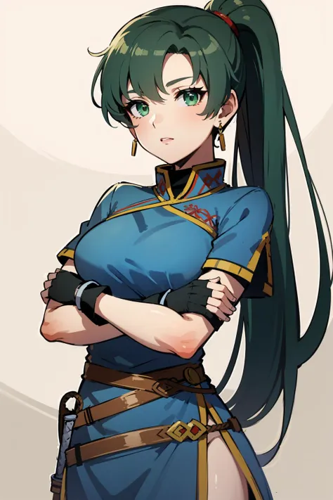 masterpiece, best quality, 1girl, solo, looking at viewer, <lora:EPfeLyn-06:1>, EPfeLyn, green hair, green eyes,  long hair, ponytail, high ponytail,  jewelry, dress, large breasts, blue dress, weapon, sheath, gloves, sword, earrings, short sleeves, closed mouth, crossed arms, side slit, fingerless gloves, belt