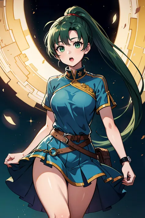 masterpiece, best quality, 1girl, solo, looking at viewer, <lora:EPfeLyn-06:0.7>, EPfeLyn, green hair, green eyes,  long hair, ponytail, high ponytail
BREAK
straight-on, spaceship, light, twisted torso, 0.7::clothing cutout, layered skirt0.3::, :o