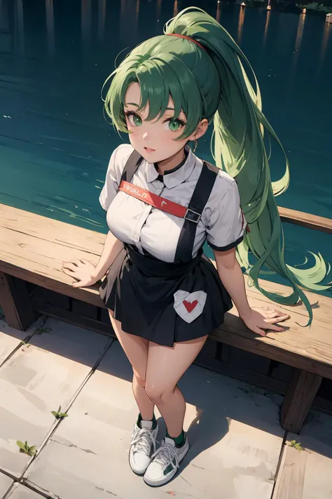 masterpiece, best quality, 1girl, solo, looking at viewer, <lora:EPfeLyn-06:0.7>, EPfeLyn, green hair, green eyes,  long hair, ponytail, high ponytail
BREAK
from above, full body, lake city, midnight, arms above head, 0.3::waitress0.1::, sneakers, heart eyes