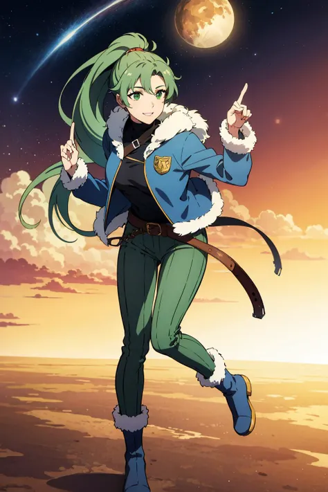 masterpiece, best quality, 1girl, solo, looking at viewer, <lora:EPfeLyn-06:0.7>, EPfeLyn, green hair, green eyes,  long hair, ponytail, high ponytail
BREAK
from afar, full body, space, planets, day, sunny, index finger raised, 0.7::fur-trimmed jacket, striped pants0.1::, blue footwear, boots, smile