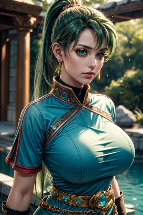 (ultra realistic,32k, masterpiece:1.2),(high detailed skin:1.1),( high quality:1.1),
<lora:EPfeLyn:0.8>EPfeLyn,sigh, 1girl, solo,green hair, green eyes, long hair, ponytail, high ponytail, jewelry, dress, blue dress, gloves, earrings, short sleeves, side slit, fingerless gloves, belt, crystal lagoon, glistening crystals, calm waters, sanctuary of crystal guardians blurry background,, huge breast,large breast,(looking at viewer, portrait:1.1), <lora:add_detail:0.89>,
(soft shaded:1.1),