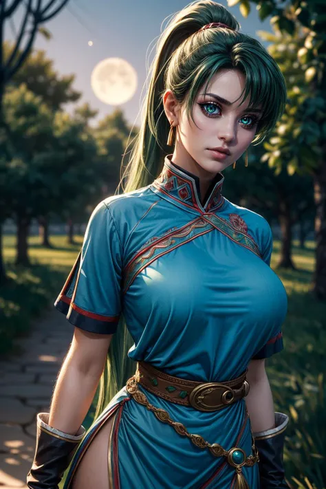 (ultra realistic,32k, masterpiece:1.2),(high detailed skin:1.1),( high quality:1.1),
<lora:EPfeLyn:0.8>EPfeLyn,bored, 1girl, solo,green hair, green eyes, long hair, ponytail, high ponytail, jewelry, dress, blue dress, gloves, earrings, short sleeves, side slit, fingerless gloves, belt, shadowheart vale, haunting shadows, moonlit glades, domain of shadow creatures blurry background,, huge breast,large breast,(looking at viewer, portrait:1.1), <lora:add_detail:0.9>,
(volumetric lighting:1.1),