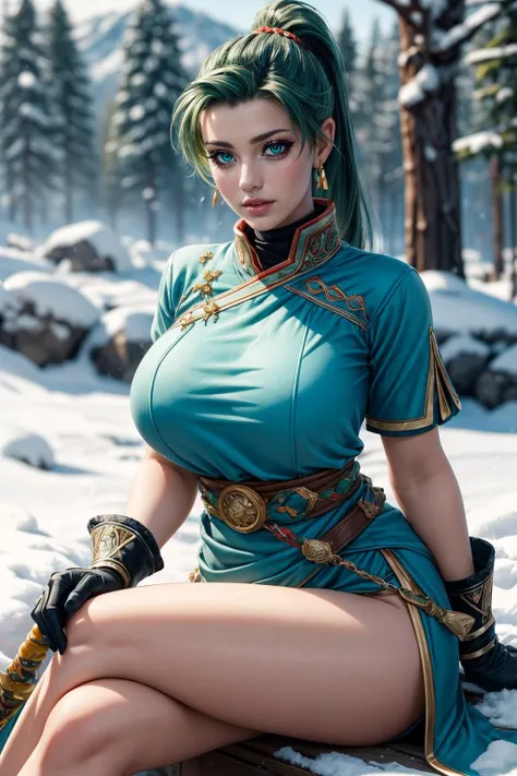 (ultra realistic,32k, masterpiece:1.2),(high detailed skin:1.1),( high quality:1.1),
<lora:EPfeLyn:0.8>EPfeLyn,pout, 1girl, solo,green hair, green eyes, long hair, ponytail, high ponytail, jewelry, dress, blue dress, weapon, sheath, gloves, sword, earrings, short sleeves, side slit, fingerless gloves, belt, frostfall summit, snow-covered peaks, biting winds, realm of ice and snow blurry background,, huge breast,large breast,(looking at viewer, sitting, crossed legs:1.1), <lora:add_detail:0.77>,
(refraction:1.1),