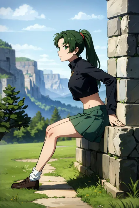 masterpiece, best quality, 1girl, solo, looking at viewer, <lora:EPfeLyn-06:0.7>, EPfeLyn, green hair, green eyes,  long hair, ponytail, high ponytail
BREAK
from side, stone road, day, sunny, slouching, 0.7::crop top, layered skirt0.1::, loose socks, squinting