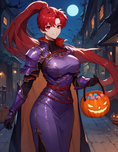 score_9, score_8_up, score_7_up, solo, <lora:EPfeLynnPony:0.8> red hair, red eyes, long hair, high ponytail, large breasts, EPfeLyn, purple armoured dress with red trim, holding Halloween bucket filled with candy, long tattered cape, in street, night, moonlight, smiling, looking at viewer,