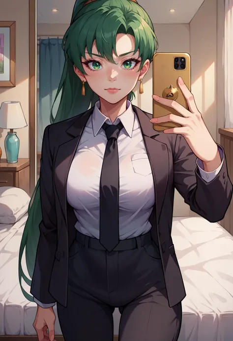 score_9, score_8_up,score_7_up, source_anime, 1girl, solo, <lora:EPfeLynPony_epoch_7:1.0>, EPfeLyn, green hair, green eyes, long hair, high ponytail,  jewelry, large breasts,  business suit, black pants, white collared shirt, black suit, black jacket, black necktie, selfie, taking picture, mirror selfie, bedroom, bed, mirror,