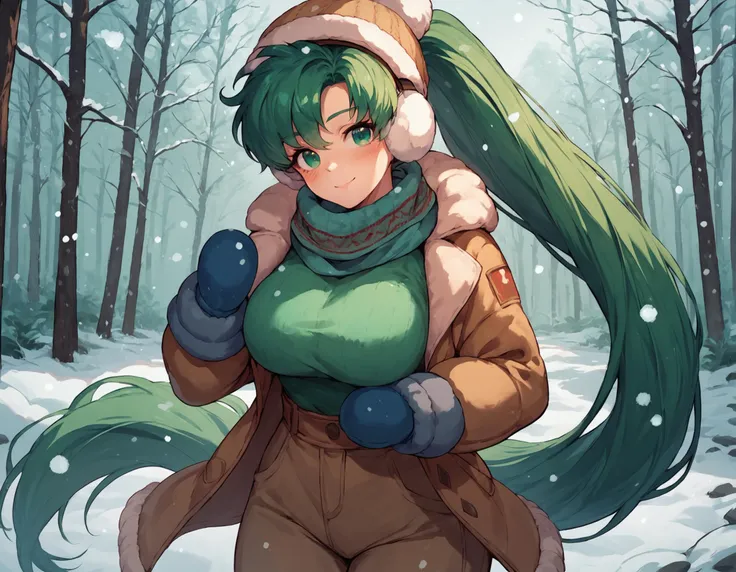 score_9, score_8_up, score_7_up,  <lora:EPfeLynnPony:0.8> green hair, green eyes, long hair, high ponytail, large breasts, EPfeLyn, woolly hat, mittens, scarf, puffy fluffy jacket, earmuffs, puffy pants, snow boots, snowing, outside, in forest, looking at viewer, smiling, blush,