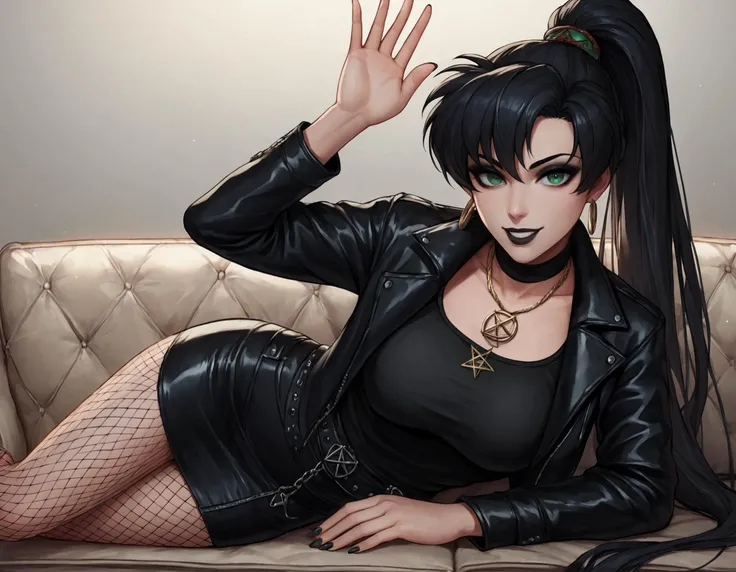 score_9, score_8_up, score_7_up, <lora:EPfeLynnPony:0.8> black hair, green eyes, long hair, high ponytail, large breasts, EPfeLyn,black leather jacket, black leather skirt, pale skin, black eyeshadow, black lips, black fingernails, pentagram necklace, grin, looking at viewer, lying on couch, on side, from side, one arm up, waving, relaxing, fishnets,