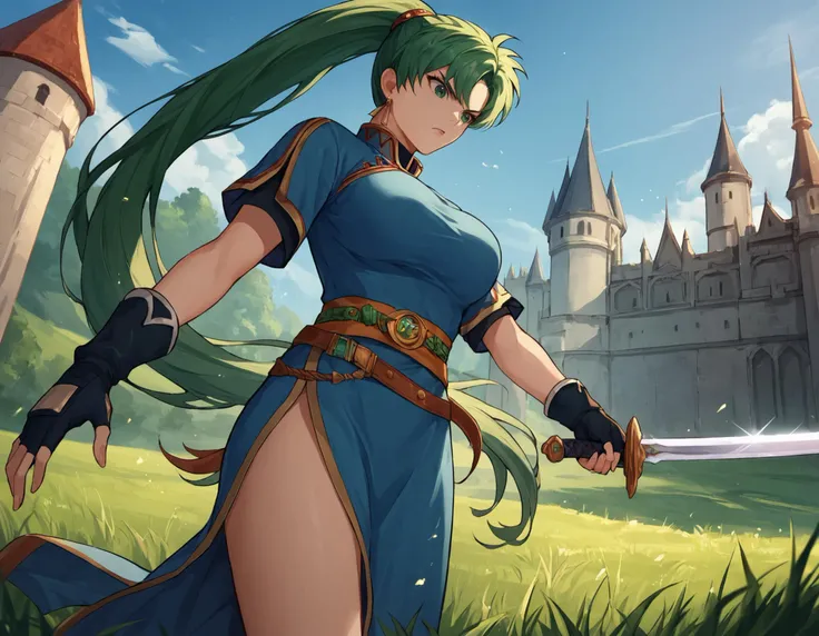 score_9, score_8_up, score_7_up, <lora:EPfeLynnPony:0.8> green hair, green eyes, long hair, high ponytail, jewelry, dress, large breasts, blue dress, black gloves, earrings, short sleeves, side slit, fingerless gloves, belt, EPfeLyn, outside, castle in background, holding sword, cinematic shot, volumetric lighting, grass, determined, action pose, from below,