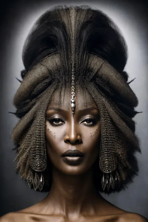 (dark theme:0.9), Naomi Campbell by Tim Walker style award winning intrinsic detail dreamscape photo-art high fashion portrait style of a female supermodel with stylized modern hair in John Galliano fashion design in a high fashion studio, hd, 8k, (intricate details, hyperdetailed:1.15) (skin texture:1.2) <lora:H.R.Giger_ArtStyle_640x960:0.85>, (hdr:1.22), muted colors, complex background, hyperrealism, hyperdetailed, amandine van ray