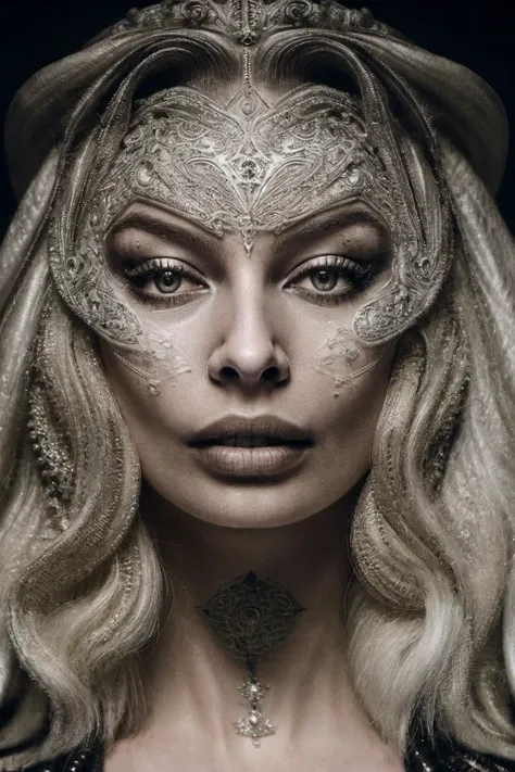 (dark theme:0.9), Margot Robbie by Tim Walker style award winning intrinsic detail dreamscape photo-art high fashion portrait style of a female supermodel with stylized modern hair in John Galliano fashion design in a high fashion studio, hd, 8k, (intricate details, hyperdetailed:1.15) (skin texture:1.2) <lora:H.R.Giger_ArtStyle_640x960:0.85>, (hdr:1.22), muted colors, complex background, hyperrealism, hyperdetailed, amandine van ray