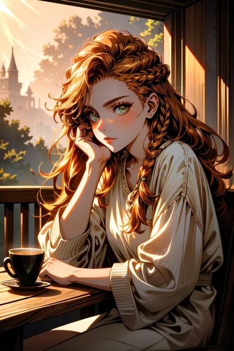 ((ultra detailed, masterpiece, absurdres))
<lora:HFWAloy:0.9>
HFWAloy, 1girl, orange hair, green eyes, long hair, braid, cafe terrace, morning, peaceful and serene with soft morning sunlight