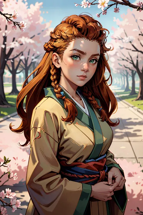 ((ultra detailed, masterpiece, absurdres))
 <lora:HFWAloy:0.9>
HFWAloy, 1girl, orange hair, green eyes, long hair, braid, in a traditional kimono, surrounded by cherry blossoms