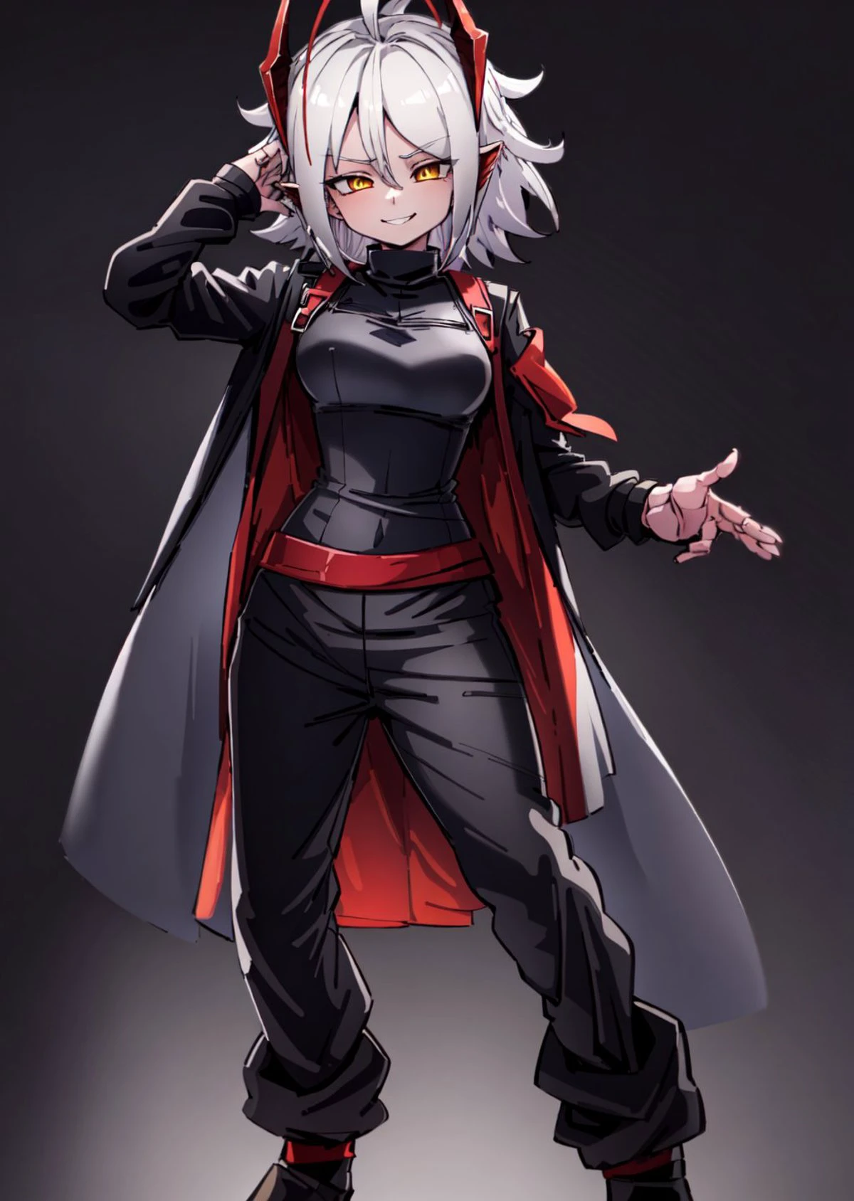 ((black background:1.2)), (masterpiece), (best quality:1.2), (((solo:1))), <lora:android21-nvwls-v1:1>, ma21, ((<lora:w_arknights:1>, w arknights)), 1girl, front on viewer, looking at viewer, (normal breasts), extreme detail, ((extreme detail eyes)), ((focus on face)), (full body:1), (yellow eyes:1.2), (slit pupils:1), ((standing:1)), (pink skin:1), demon horn, antena hair, antennae, (black sclera:1), short hair, (white hair:1), (black jacket:1.3), (black sweater:1.3), (black military pants:1.3), ((smirk:1)), seductive pose, <lora:helltakerv1 te.2:0.5>, official artstyle,