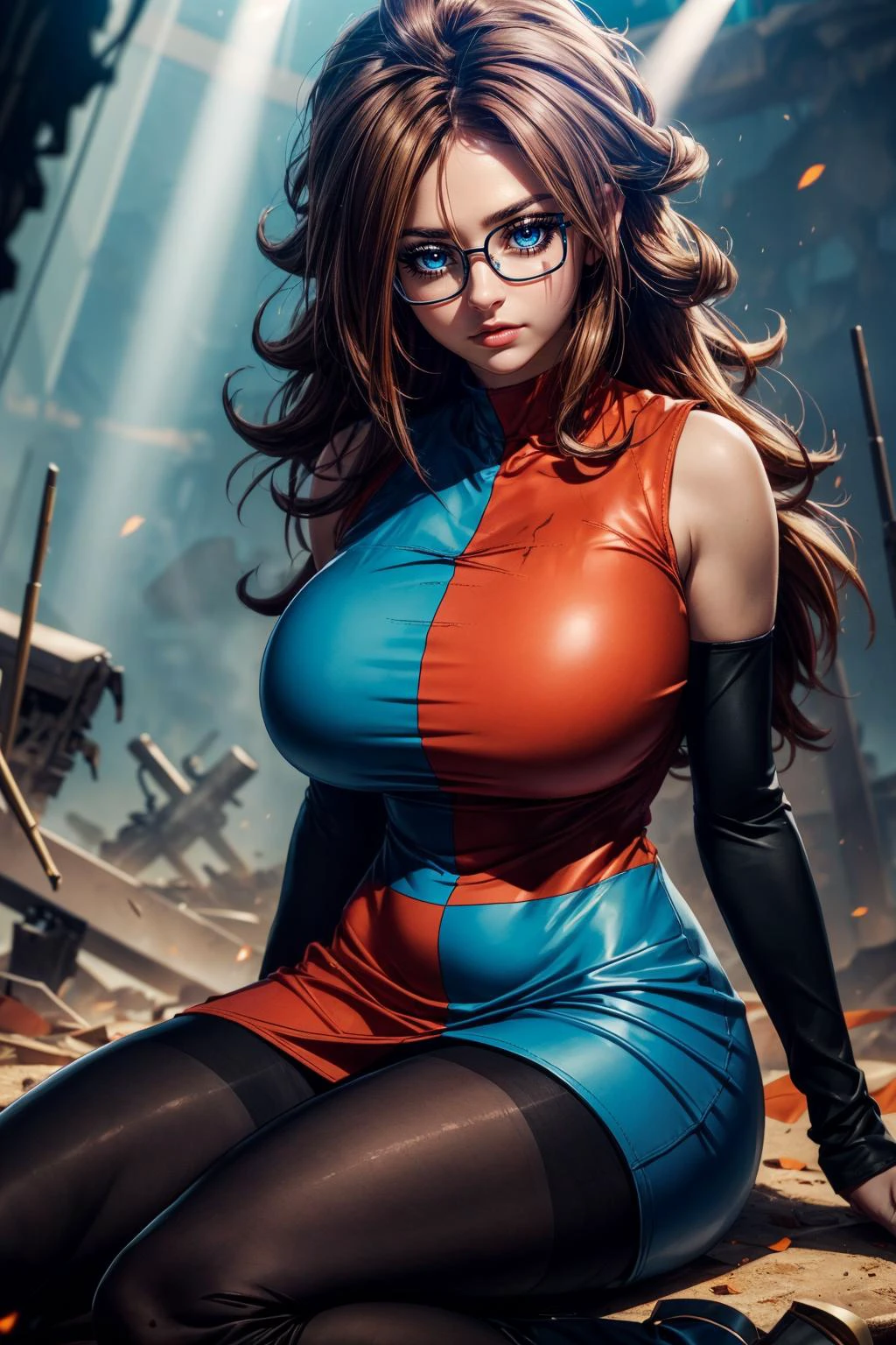 (ultra realistic,32k, masterpiece:1.2),(high detailed skin:1.1),( high quality:1.1),
<lora:android21-nvwls-v1:0.8>defa21, glasses,blue eyes, brown hair, checkered dress, arm warmers, black pantyhose, asymmetrical boots, A land full of war trenches with lots of wreckage and remnants of war blurry background,(huge breast,large breast:1.1),(looking at viewer, sitting:1.1),, <lora:add_detail:0.87>,
(dense light rays:1.1),