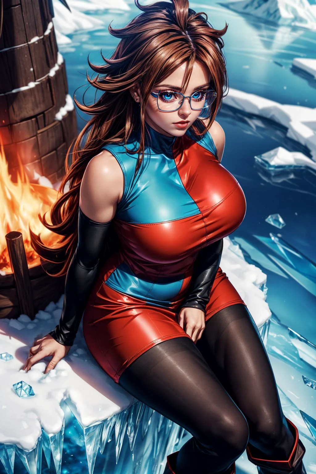 (ultra realistic,32k, masterpiece:1.2),(high detailed skin:1.1),( high quality:1.1),
<lora:android21-nvwls-v1:0.8>defa21, glasses,blue eyes, brown hair, checkered dress, arm warmers, black pantyhose, asymmetrical boots, frostfire peaks, icy flames, frozen landscapes, battleground of ice and fire blurry background,(huge breast,large breast:1.1),(looking at viewer, sitting, from above:1.1),, <lora:add_detail:1>,
(glow in the dark:1.1),