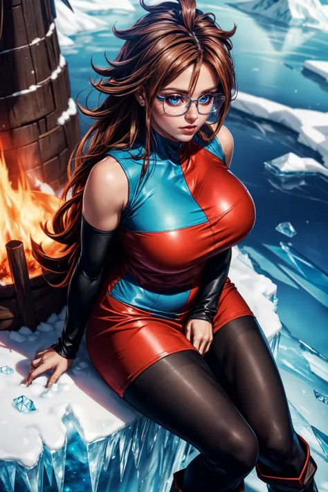 (ultra realistic,32k, masterpiece:1.2),(high detailed skin:1.1),( high quality:1.1),
<lora:android21-nvwls-v1:0.8>defa21, glasses,blue eyes, brown hair,  checkered dress, arm warmers, black pantyhose, asymmetrical boots, frostfire peaks, icy flames, frozen landscapes, battleground of ice and fire blurry background,(huge breast,large breast:1.1),(looking at viewer, sitting, from above:1.1),, <lora:add_detail:1>,
(glow in the dark:1.1),