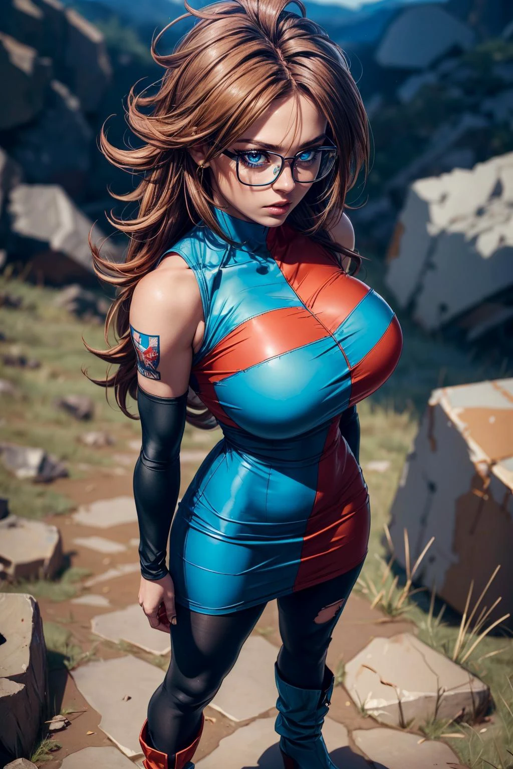 (ultra realistic,32k, masterpiece:1.2),(high detailed skin:1.1),( high quality:1.1),
<lora:android21-nvwls-v1:0.8>defa21,angry, glasses,blue eyes, brown hair, checkered dress, arm warmers, black pantyhose, asymmetrical boots,(tattered torn clothing:1.1), destroyed rocky wasteland, falling rocks, blurry background,(huge breast,large breast:1.1),(looking at viewer, standing from above:1.1),, <lora:add_detail:0.81>,
(glow in the dark:1.1),