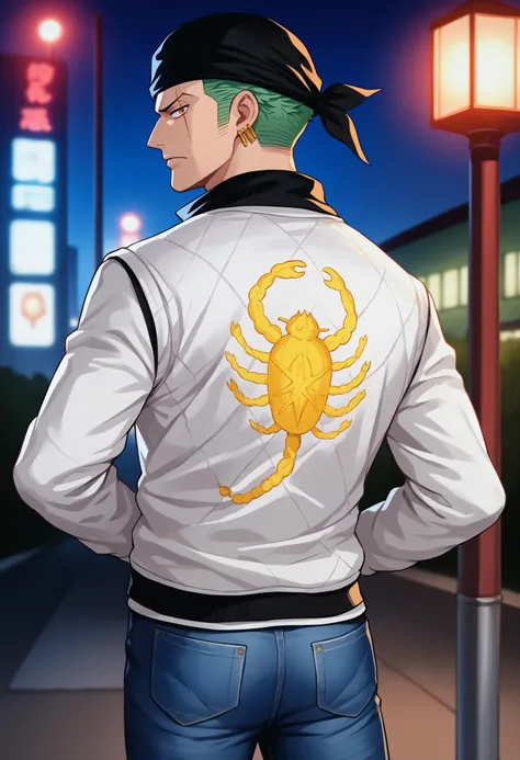 score_9, score_8_up, score_7_up, source_anime BREAK 1boy, solo, male focus, <lora:onepiece_roronoazoro_ponyXL:0.8> roronoazoro, scar across eye, single earring, green hair, black bandana, <lora:drivejacket-outfit-richy-v1_pdxl:0.8> print jacket, white jacket, from behind, jeans, looking back, looking at viewer, dark, darkness, night, night sky