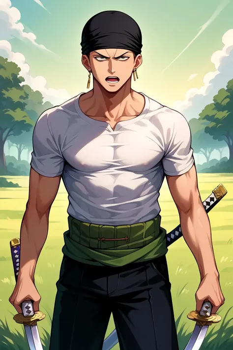 score_9, score_8_up, score_7_up, score_6_up, source_anime, 1boy, male focus, solo BREAK  <lora:onepiece_roronoazoro_ponyXL:1> roronoazoro, scar across eye, single earring, black bandana, white shirt, short sleeves, black pants, holding two swords, sword, katana, field, forest, serious, open mouth