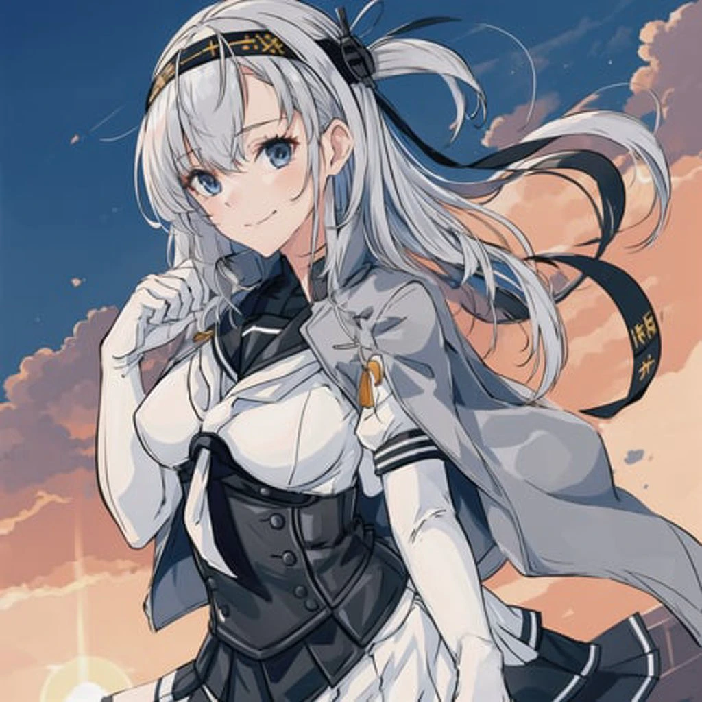 fuyutsuki, 1girl, solo, long_hair, breasts, looking_at_viewer, smile, blue_eyes, skirt, gloves, hair_between_eyes, closed_mouth, school_uniform, jacket, upper_body, grey_hair, pleated_skirt, serafuku, white_gloves, sailor_collar, bodysuit, medium breasts, headband, one_side_up, white_skirt, clothes_writing, corset, black_sailor_collar, grey_jacket, hachimaki, white_bodysuit, black_headband, masterpiece, best quality, rooftop, looking_to_side, sunset