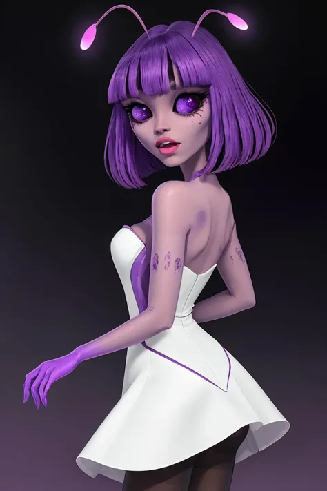 <lora:ClassicAlienGirls_concept:0.8> Alienplus, colored skin, antennae, red skin, bangs, pantyhose, purple eyes, long white dress, from behind, looking over shoulder, teeth, highly detailed, realistic, 3d