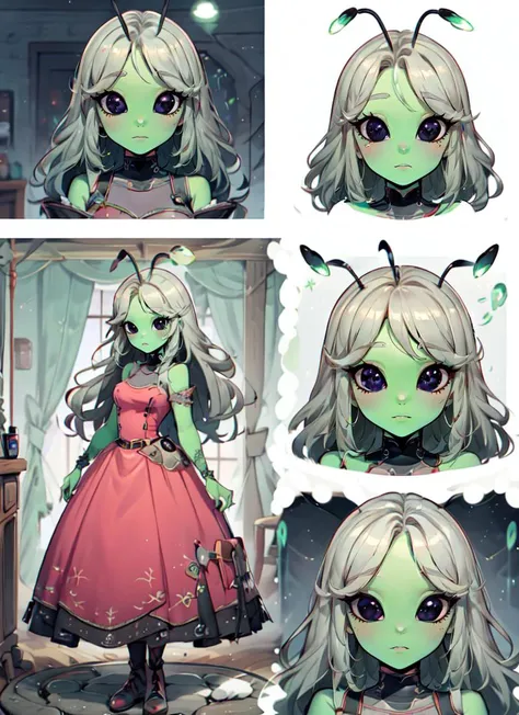((best quality)), ((highly detailed)), masterpiece, absurdres, extremely detailed face, beautiful face, (detailed eyes, deep eyes), (1girl), <lora:CharacterDesign_Concept:.65>, (CharacterSheet:1), (multiple views, full body, upper body, reference sheet:1), dynamic pose, full body, innocent, wide eyes, big eyes, cute, breasts, purple sundress, maxi dress, (indoors, in a bedroom, sleepy), <lora:ClassicAlienGirls_concept:.8>, Alienplus, black eyes, colored skin, green skin, antennae