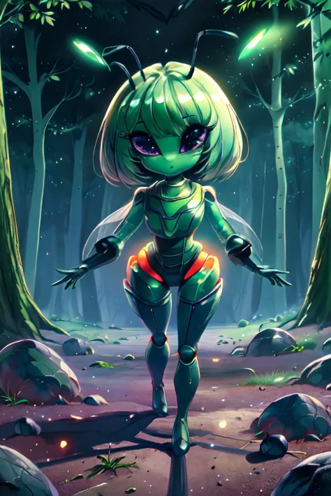 best quality,1girl,(antennae), black eyes, (insect girl:1.3),looking at viewer, full body,green skin, colored skin,wings,redhead<lora:ClassicAlienGirls_concept:1>,best quality,(A monster girl), (background forest:1.3),(forest,forest environment),(1girl:1.9),(antennae), black eyes, (ant), gaster,compound eyes,paws,looking at viewer, full body,six legs,<lora:leco_spider_tank_v20:0.5>,(non-humanoid robot),(spider tank), green theme, light particles, night, planet, star \(sky\) <lora:coldUniverse:0.5>