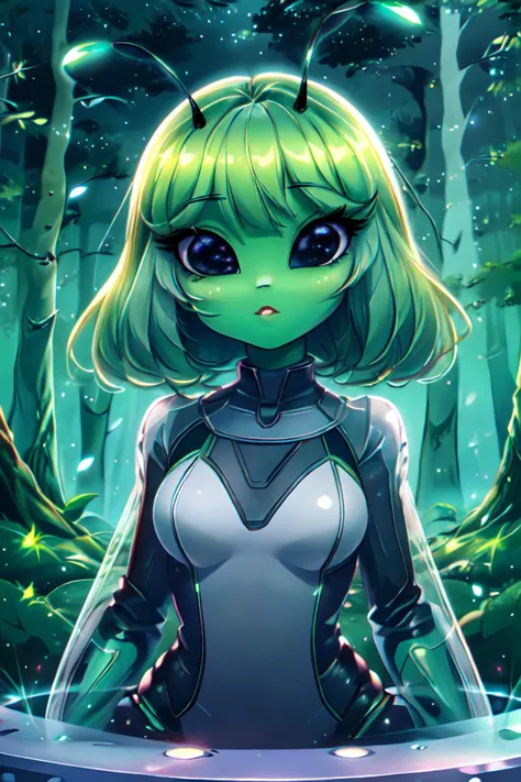 best quality,1girl,(antennae), black eyes, (insect girl:1.3),looking at viewer, full body,green skin, colored skin,wings,redhead<lora:ClassicAlienGirls_concept:1>,best quality,(A monster girl), (background forest:1.3),(forest,forest environment),(1girl:1.1),(antennae), black eyes, (ant), gaster,compound eyes,paws,looking at viewer, full body,six legs, green theme, light particles, night, planet, star \(sky\) <lora:coldUniverse:0.5>