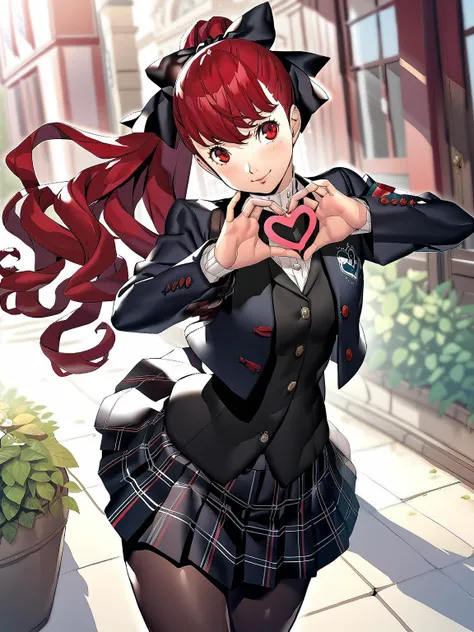 yoshizawa kasumi, 1girl, solo, red hair, shuujin academy school uniform, skirt, red eyes, ponytail, long hair, hair bow, smile, black pantyhose, heart hands, outdoors, masterpiece, best quality