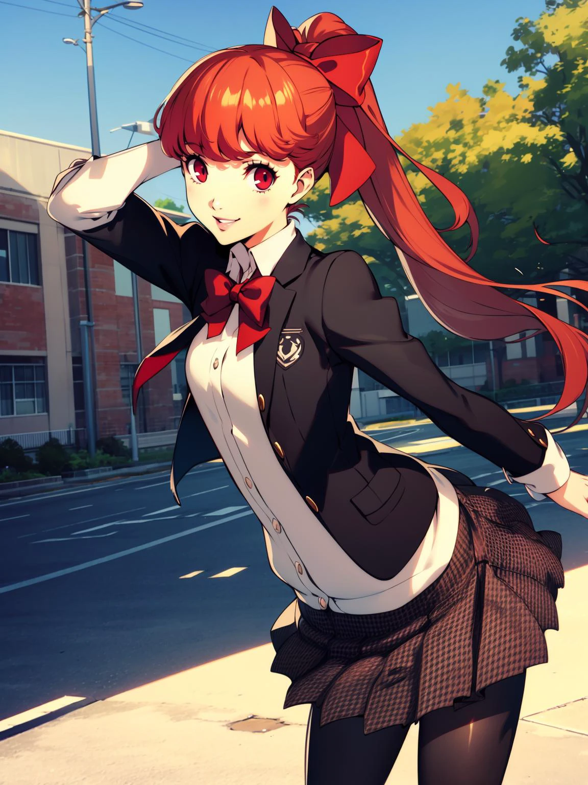 yoshizawa kasumi, 1girl, solo, red hair, school uniform, shuujin academy school uniform, pantyhose, skirt, red eyes, ponytail, long hair, bow, looking at viewer, hair bow, smile, black pantyhose, outdoors, school