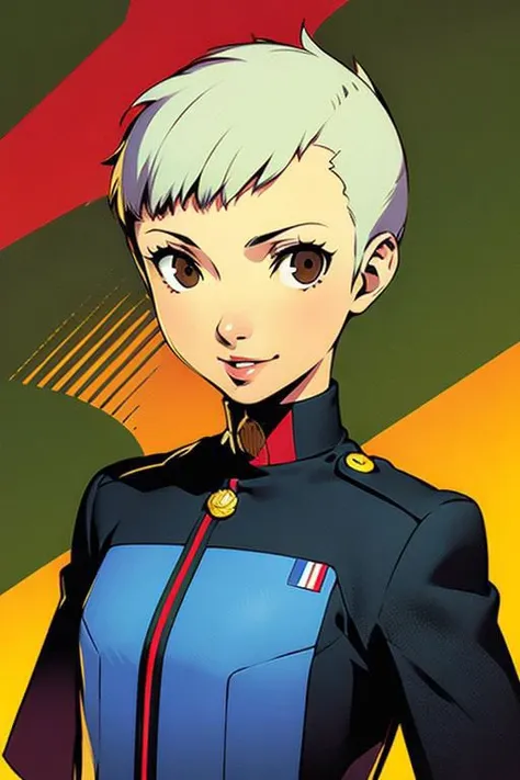 spiky bald hairstyle, short hair, mexican skin, gloves, uniform military, 1girl ,dark black hair, ((hair cut super short,)), soft Brown eyes, smile lips,