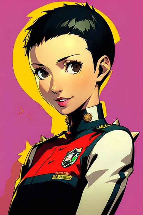 spiky bald hairstyle, short hair, mexican skin, gloves, uniform military, 1girl ,dark black hair, ((hair cut super short,)), soft Brown eyes, smile lips,