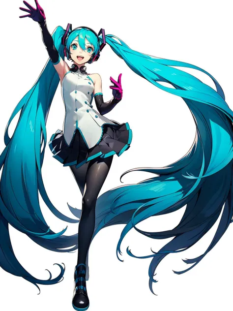 1girl, long hair, solo, hatsune miku, very long hair, gloves, twintails, open mouth, aqua hair, headphones, white background, skirt, simple background, full body, pantyhose, aqua eyes, black gloves, smile