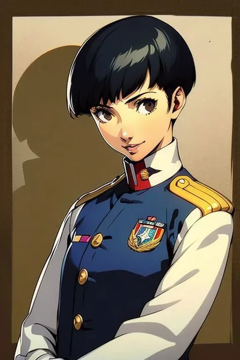 spiky bald hairstyle, short hair, mexican skin, gloves, uniform military, 1girl ,dark black hair, ((hair cut super short,)), soft Brown eyes, smile lips,