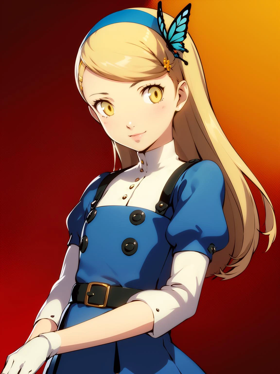 lavenza, 1girl, solo, yellow eyes, long hair, hairband, butterfly hair ornament, upper body, looking at viewer, puffy sleeves, hair ornament, blonde hair, blue hairband, swept bangs, blue dress, light smile,