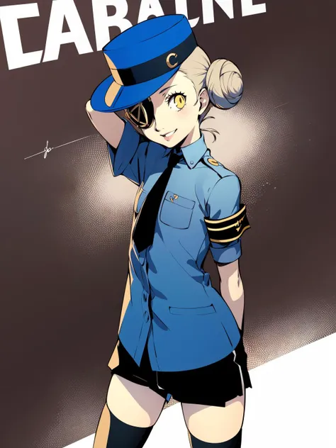 caroline, 1girl, solo, hat, eyepatch, shorts, black gloves, hair bun, yellow eyes, gloves, necktie, black shorts, kneehighs, smile, looking at viewer, shirt, standing, short hair, blue headwear, black necktie,blue shirt, armband, holding, arm behind back, double bun