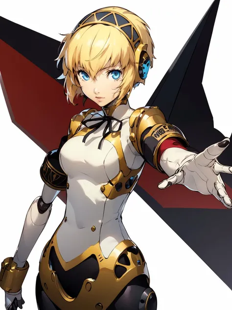 aegis \(persona\), 1girl, solo, android, blonde hair, short hair, robot joints, blue eyes, joints, white background, ribbon, simple background, looking at viewer, armband, hairband, cowboy shot, dynamic pose