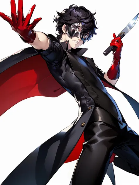 amamiya ren, 1boy, male focus, black hair, gloves, mask, red gloves, solo, simple background, white background, pants, black pants, coat, holding knife, looking at viewer