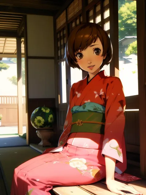 satonaka chie, 1girl, japanese clothes, kimono, brown hair, solo, short hair, brown eyes, sitting, food, watermelon, yukata, smile, fruit, looking at viewer, sash, lips, veranda, obi